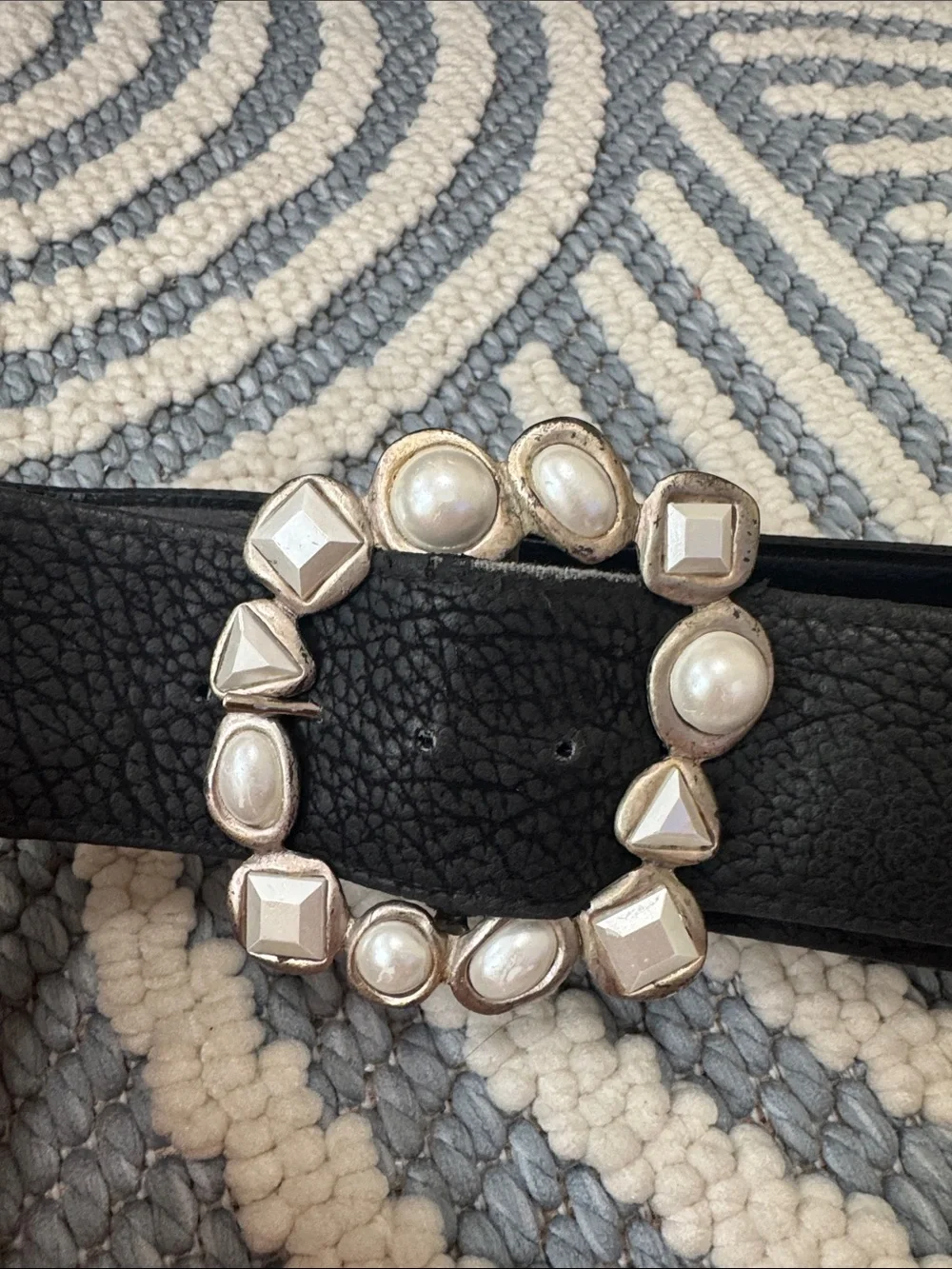 Vintage Ali Miles Statement Belt Faux Pearl Geometric Buckle Black Waist Belt